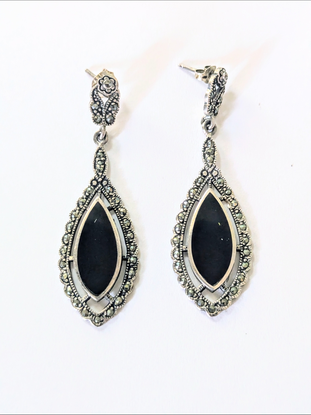 CHARLES WINSTON  Sterling Silver Vintage Black Onyx & Marcasite Dangle Earrings